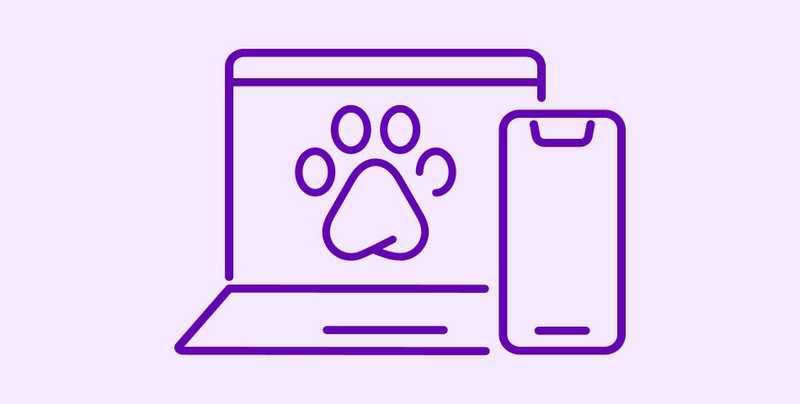Line art of laptop and phone featuring paw print icon, indicating new Petfinder site is live.