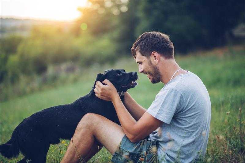 Man sitting in the grass petting his black dog