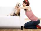 ​​Girl petting dog on a couch